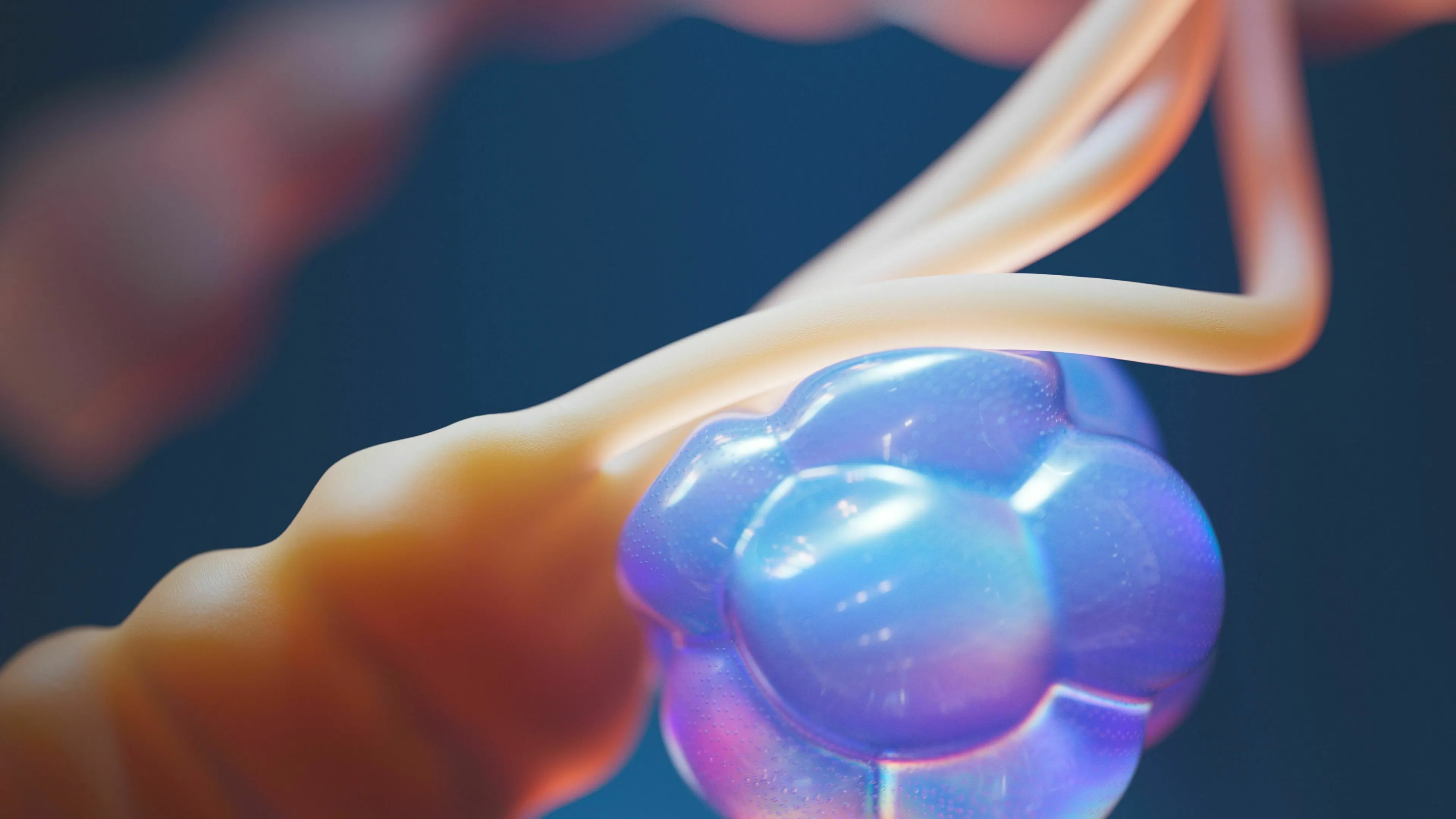 Science Human Biology Trivia: A close-up of a blue glowing cellular structure connected by a light orange strand, possibly representing a body system transporting hormones.
