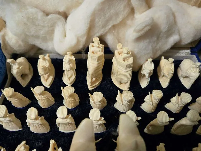 A set of intricately carved ivory chess pieces displayed in a box, highlighting old treasures for antique lovers.