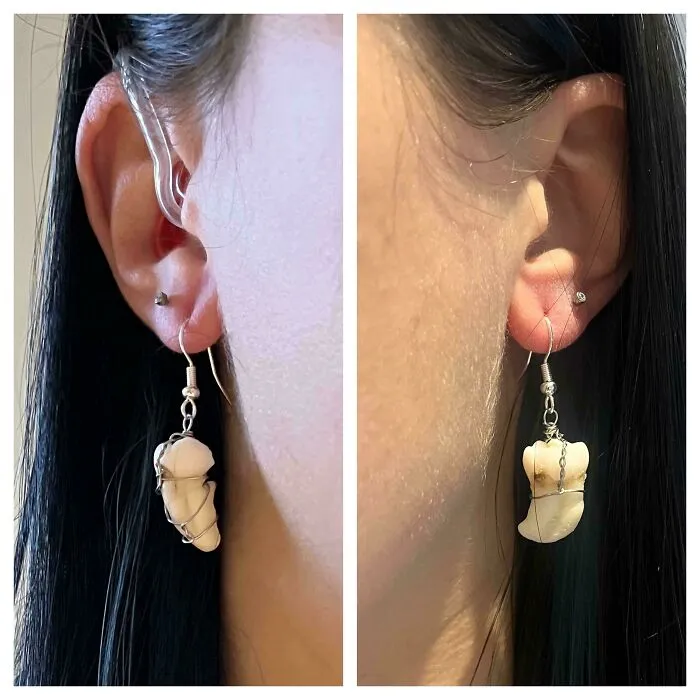 A pair of wire-wrapped human tooth earrings, representing questionable DIY projects.