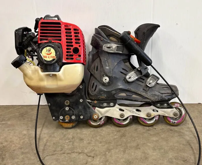 A rollerblade custom-fitted with a small gas engine in a questionable DIY project