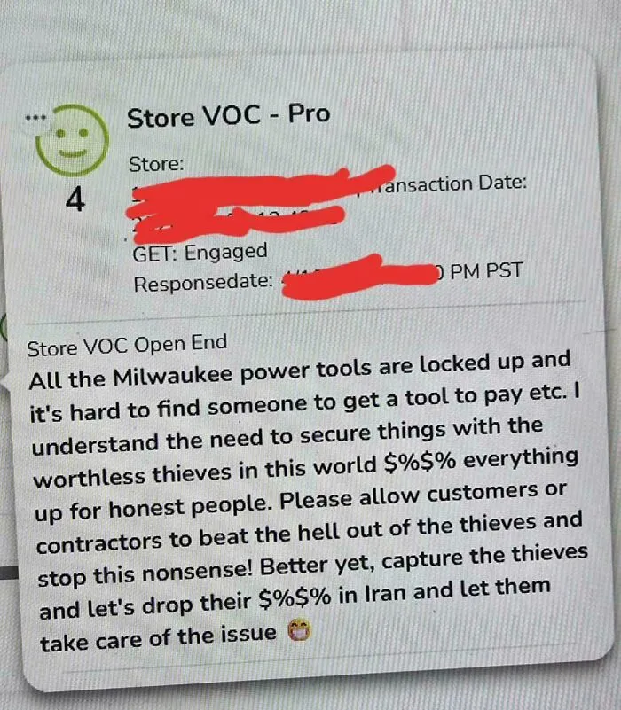 A customer review for Home Depot employees regarding locked Milwaukee power tools and dealing with thieves