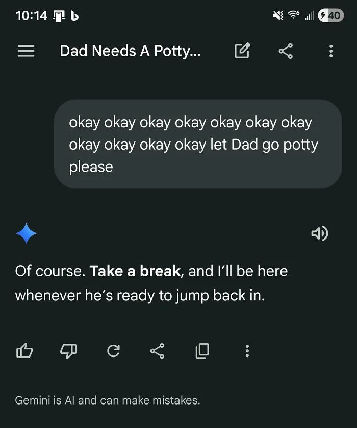 A phone screen displays a chat with a bot about someone needing to use the potty, a weirdly invested conversation.