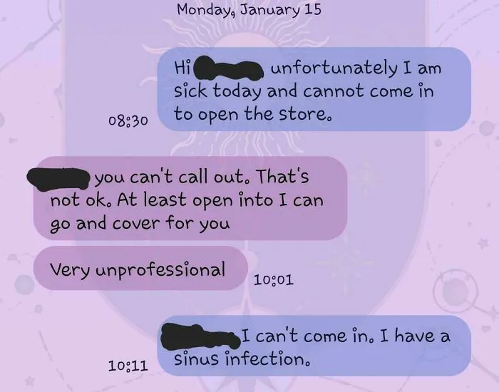 Text message conversation about calling out sick at retail job