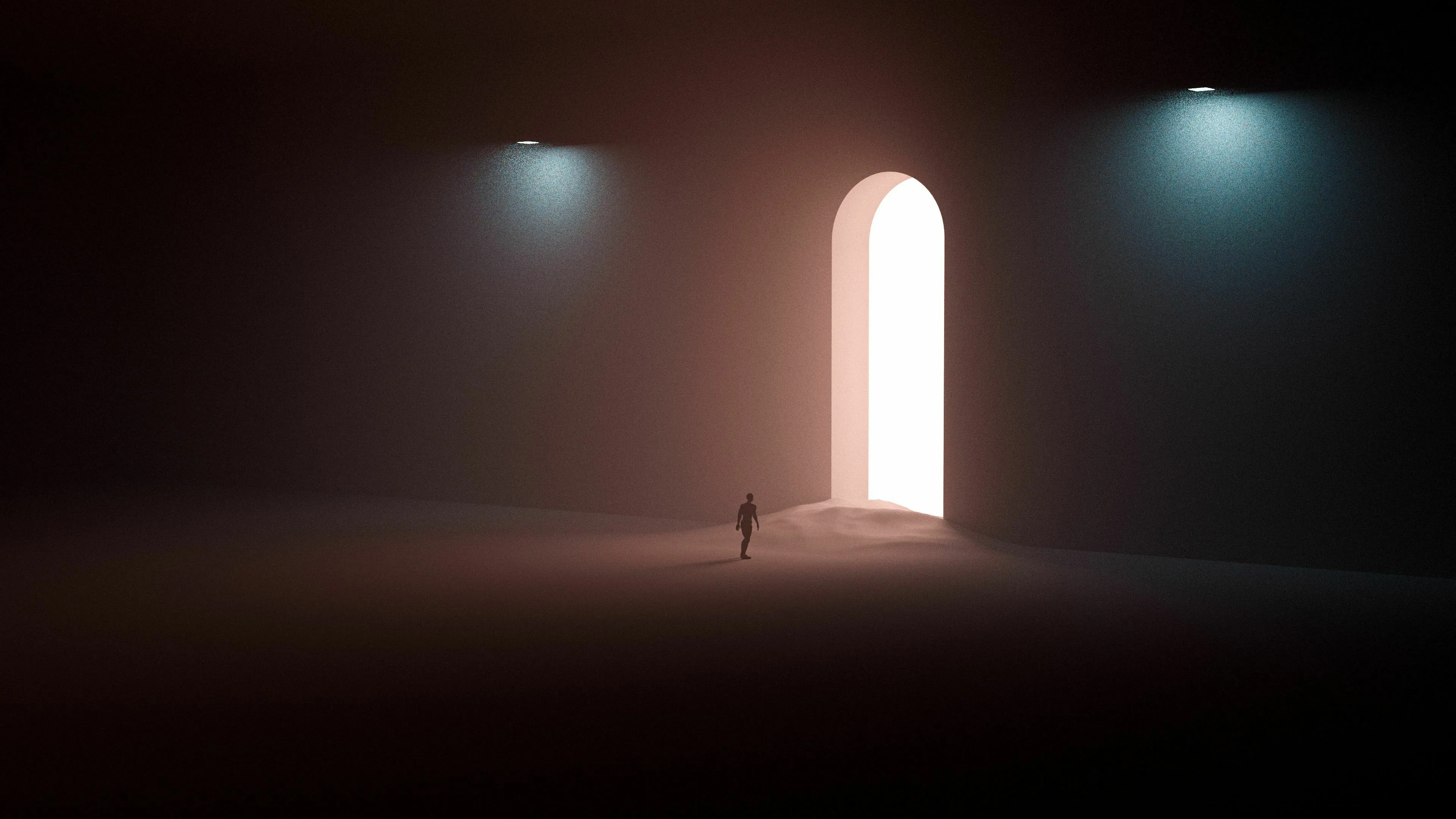 A small figure stands before a brightly lit arched doorway in a dark, hazy room, contemplating English words and how they are spelled.