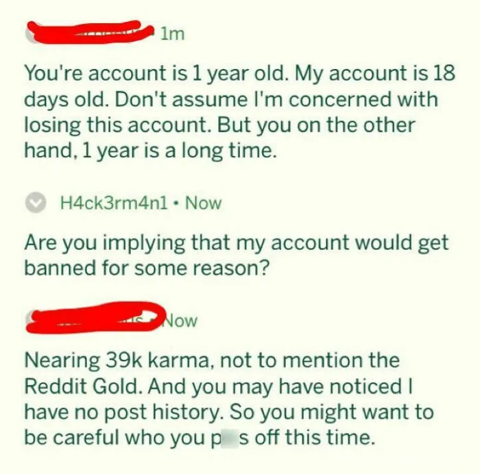 Online argument showcasing users acting tough with account age and karma threats
