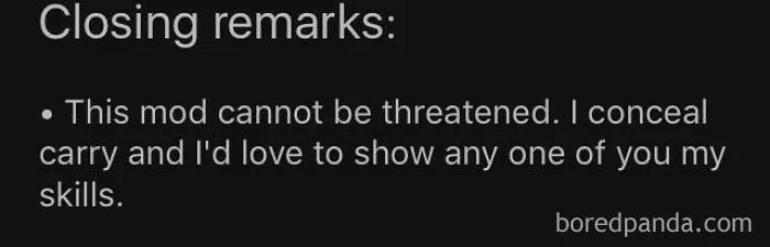 Text screenshot about concealing carry and challenging others showing tough attitude