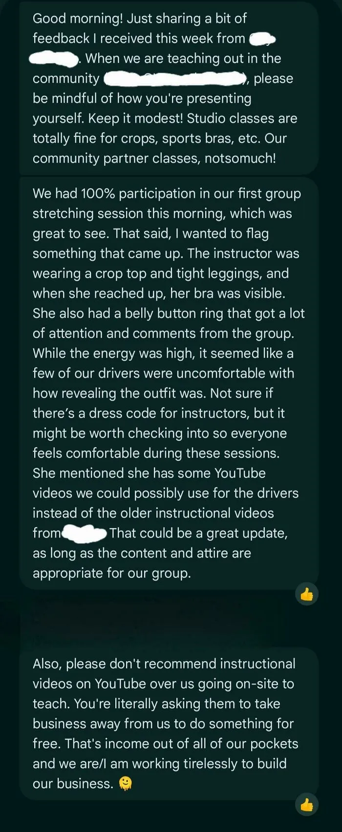 Message sharing feedback on professional attire and teaching standards in workplace