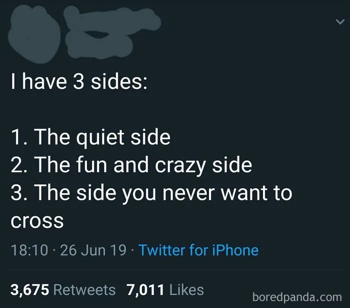 Tweet listing 3 sides: quiet, fun and crazy, and side you never want to cross