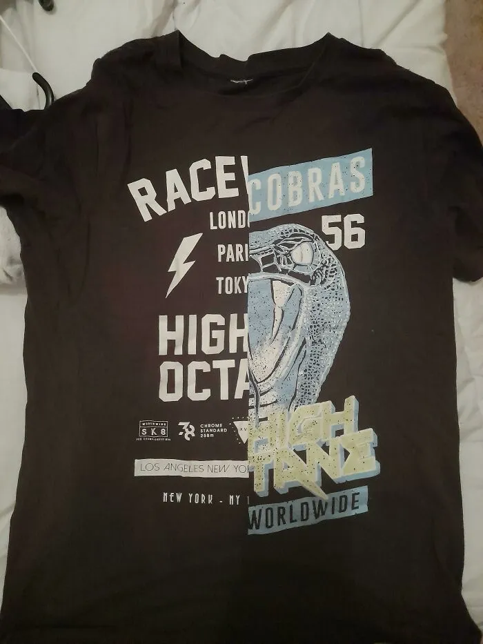 Clothing design: A dark brown t-shirt with a split design, showing the words RACE COBRAS and a snake illustration.