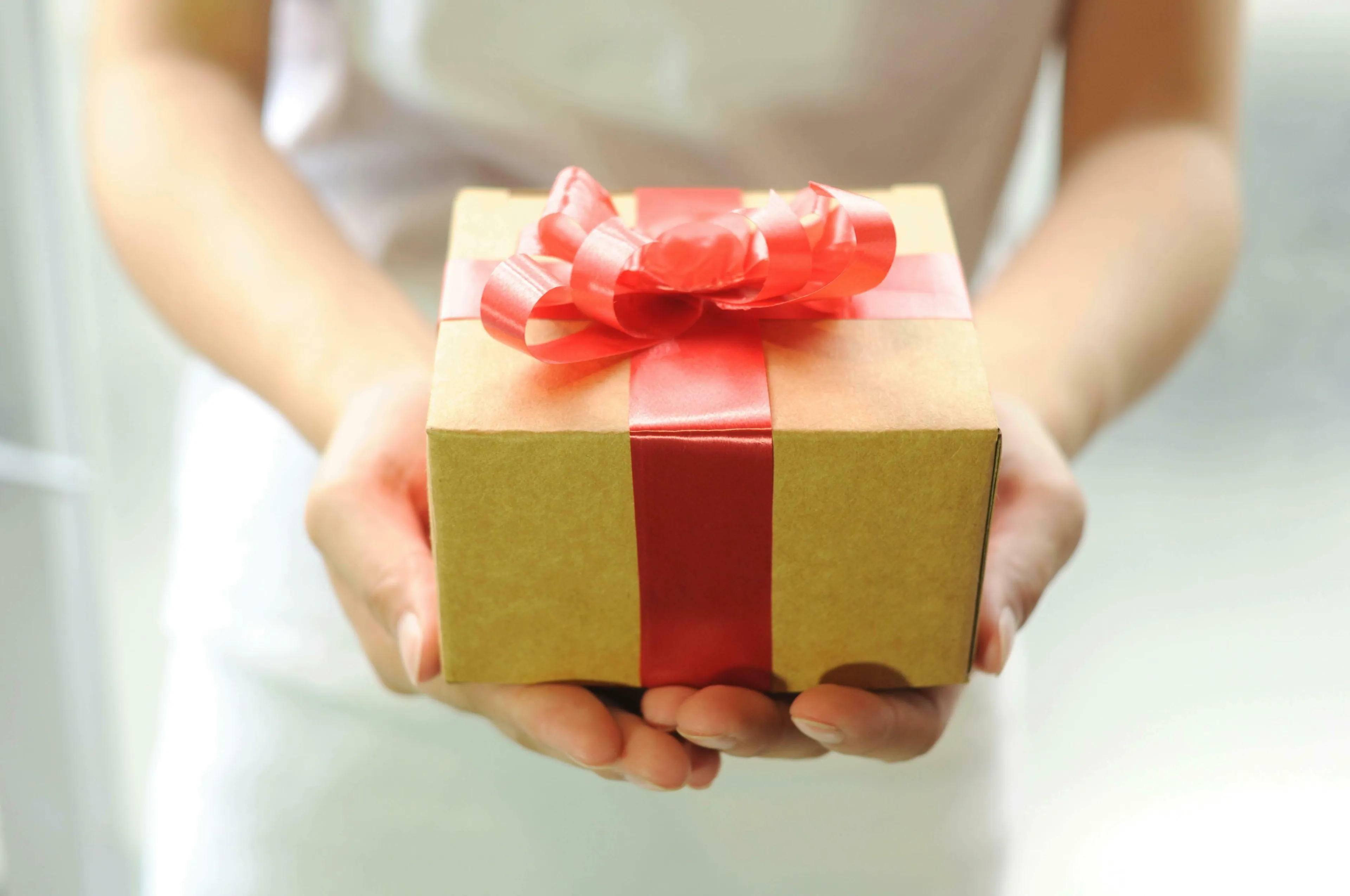 A person holds a small, brown gift box with a red ribbon and bow, symbolizing the joy of giving.