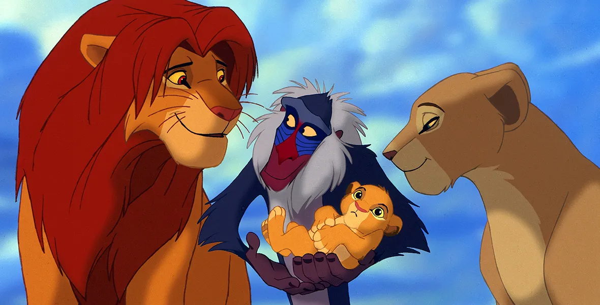 The Lion King movie with Simba, Nala, and Rafiki holding baby Simba, a classic animated film.