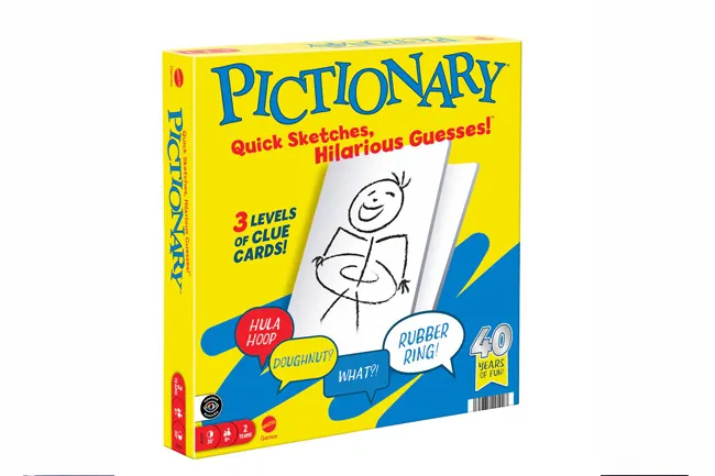 The Pictionary board game box, vibrant yellow and blue, features a stick figure drawing with speech bubbles, a classic game for fun.
