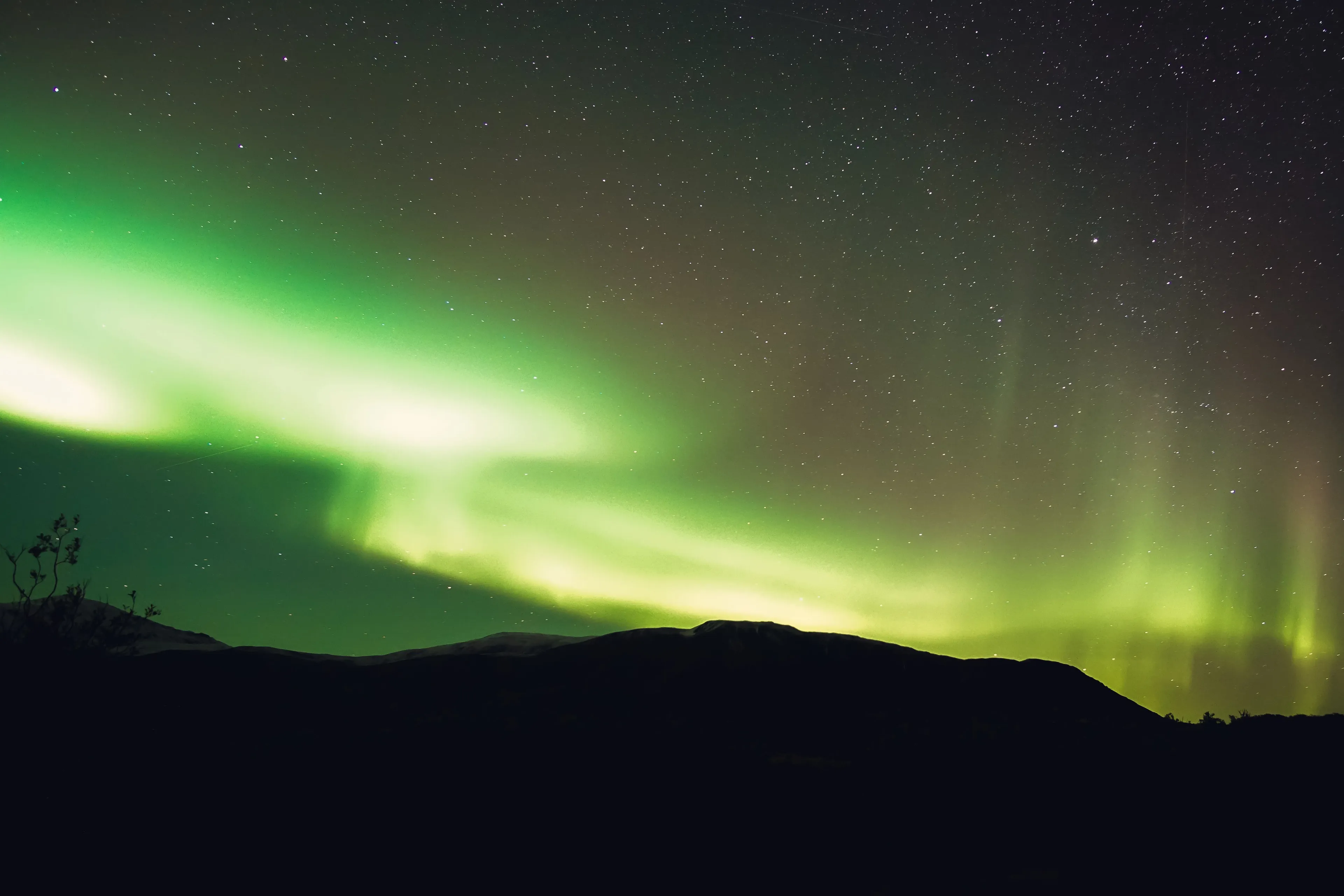 Vibrant Northern Lights (Aurora Borealis) illuminate a starry night sky above a dark mountain silhouette. A breathtaking type of light.