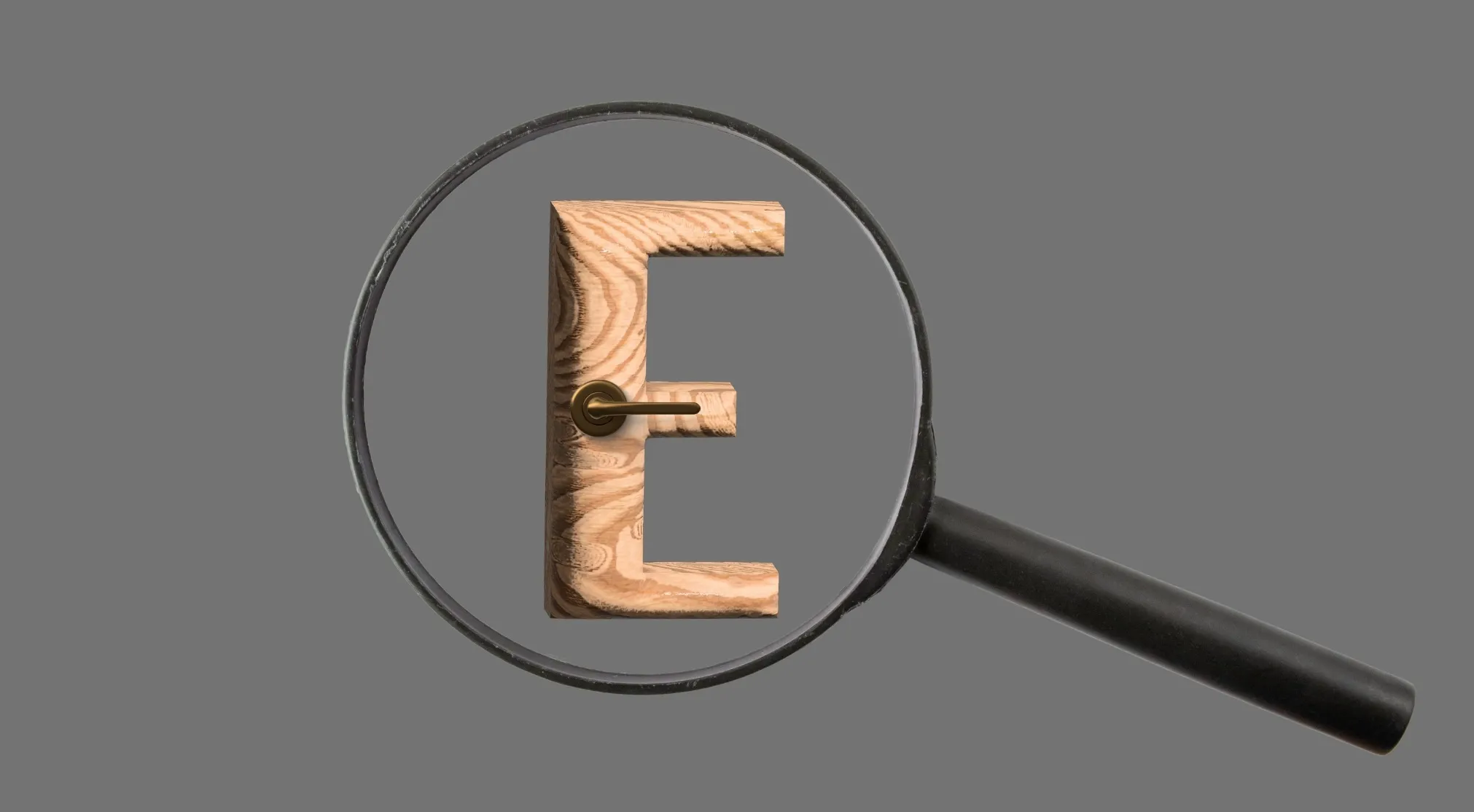 A magnifying glass over a wooden E with a brass doorknob on its middle bar, suggesting a Rebus Puzzle Quiz.