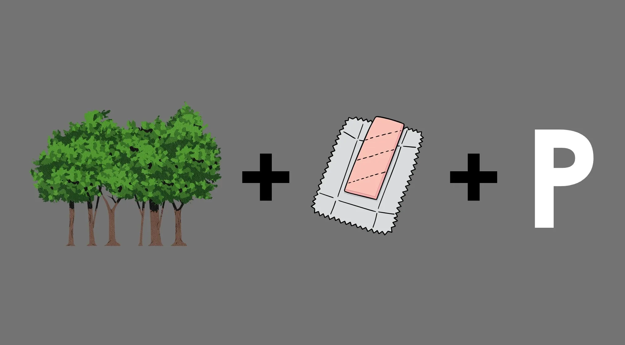 Rebus puzzle quiz image: trees + chewing gum + P on a gray background. Find the movie title!