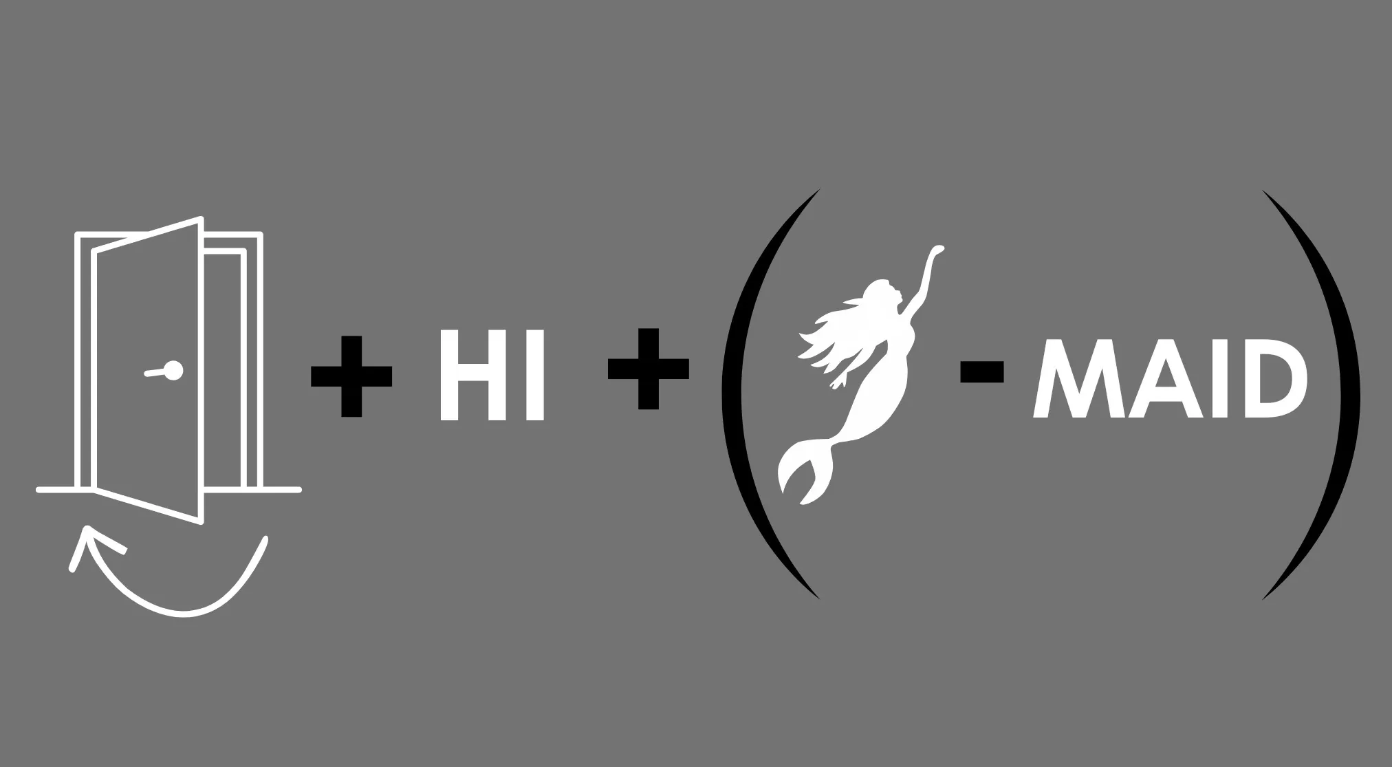 A rebus puzzle quiz showing an open door icon plus HI plus a mermaid minus MAID, forming a movie title guess.