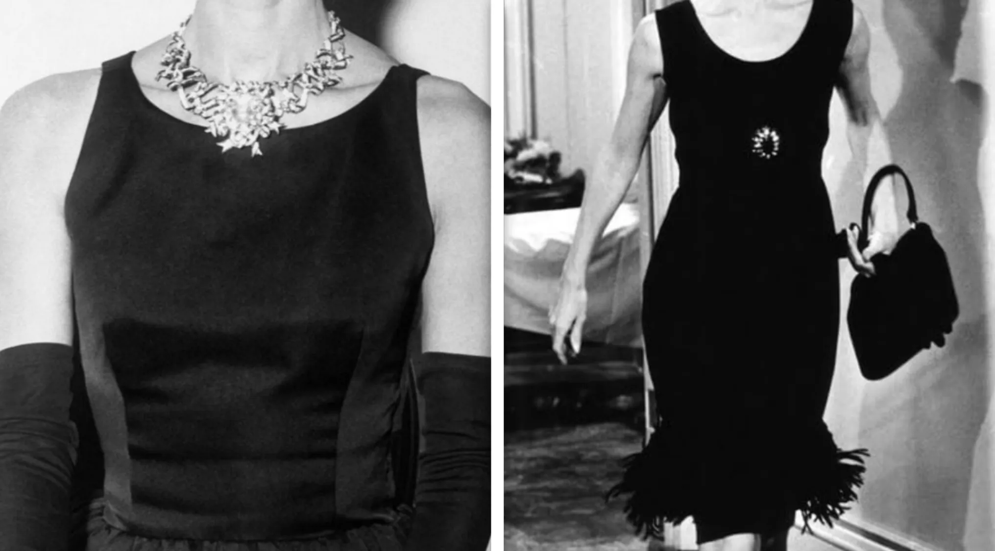 Black and white image of iconic outfits: a little black dress with a statement necklace and a woman holding a purse.