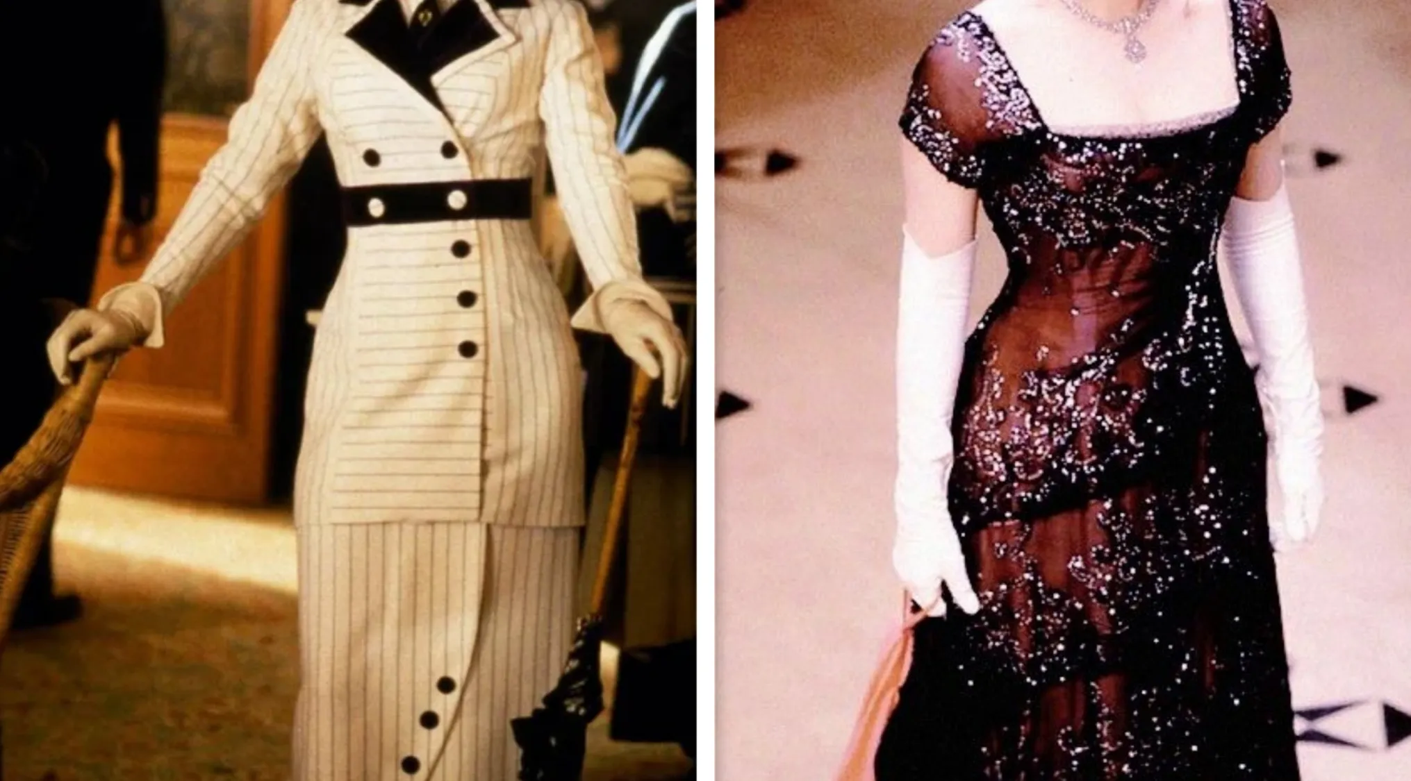 Iconic outfits: a white pinstriped coat dress with black buttons and a black sequined gown with white gloves, from movies.