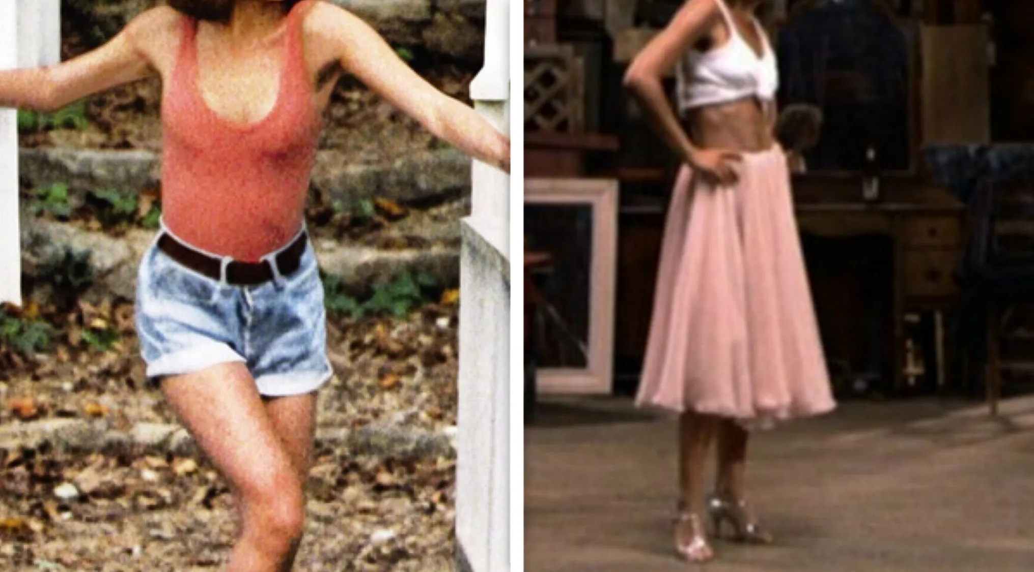 Two iconic outfits. Left, a woman in a coral top and denim shorts. Right, a woman in a white crop top and pink skirt.
