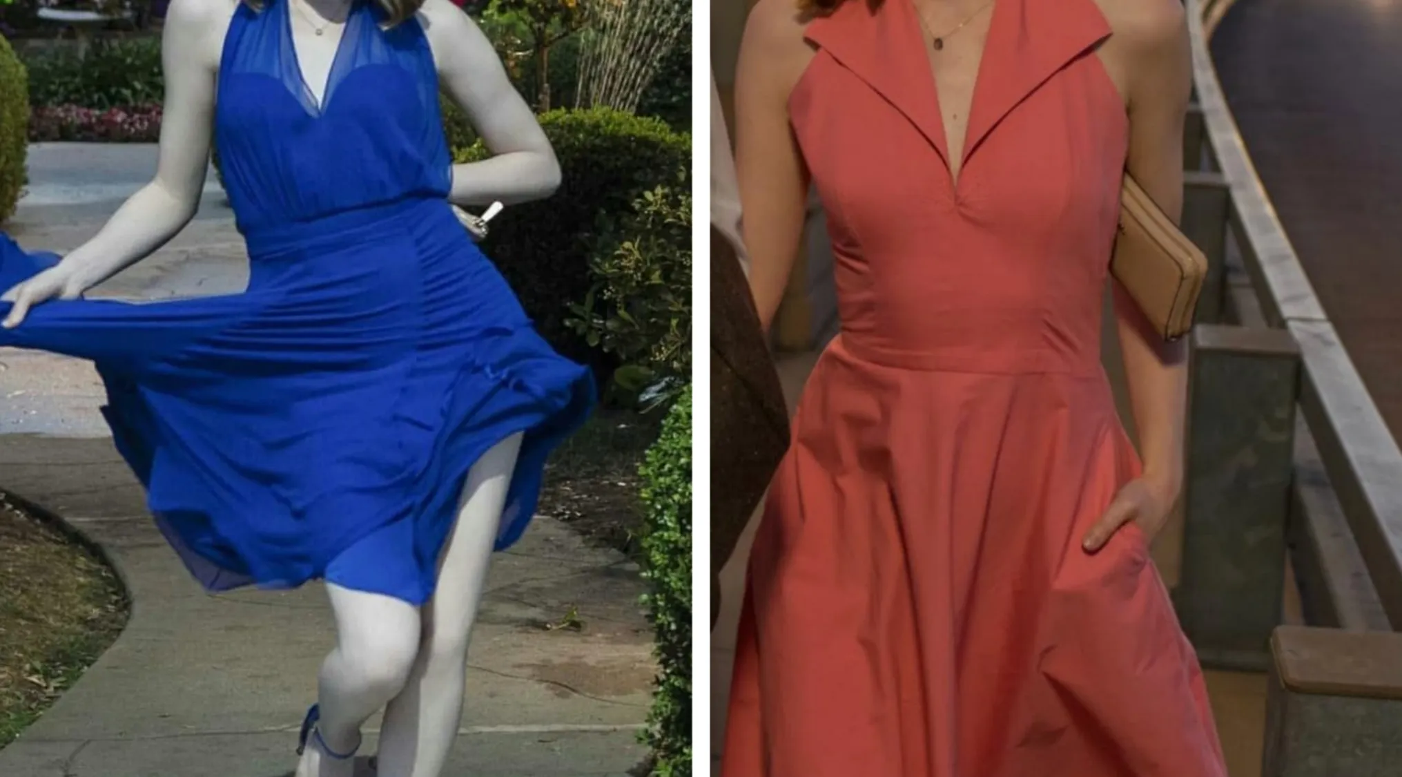 Two iconic outfits: a woman in a flowing blue dress outdoors, and another in a coral dress with pockets, showcasing Hollywood dreamcore aesthetics.