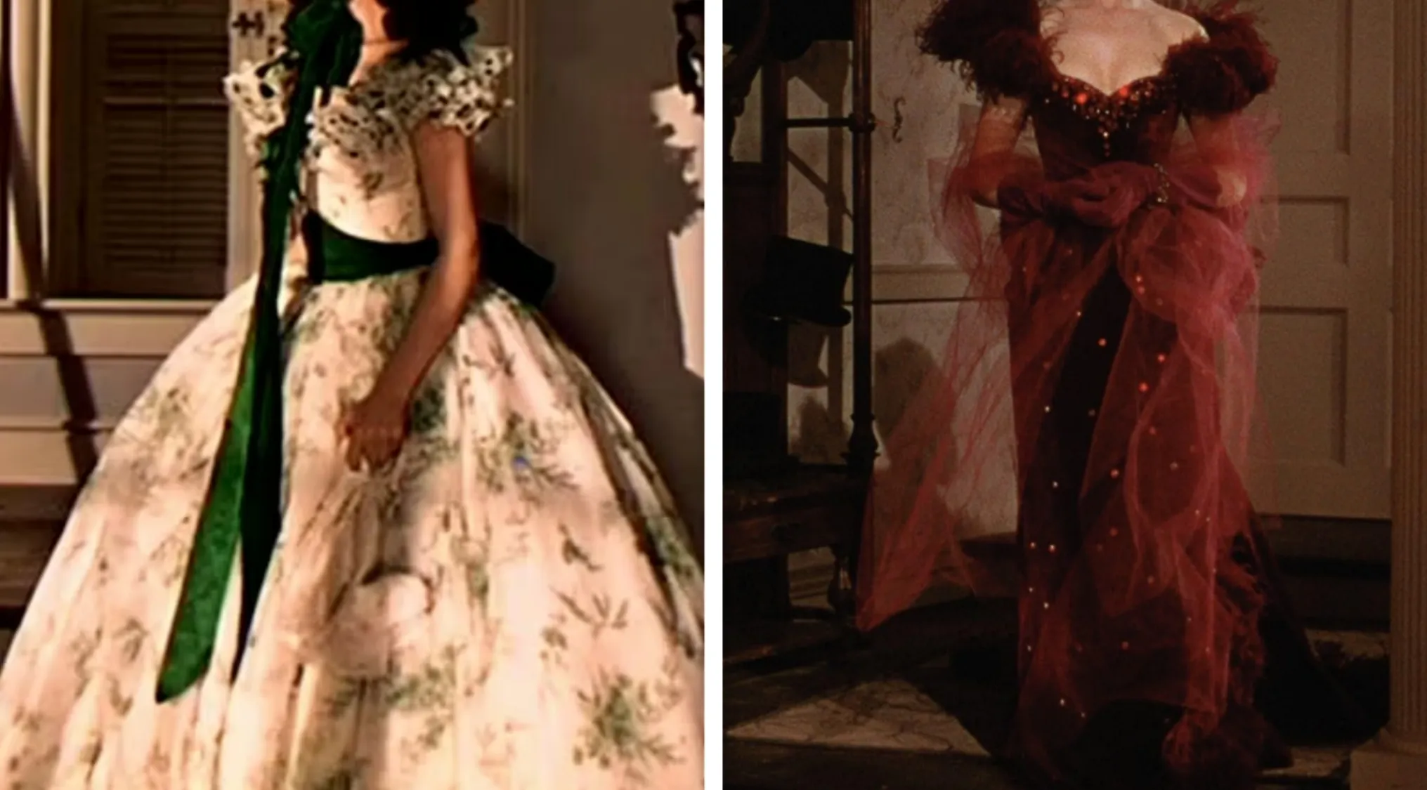 Two iconic movie outfits: a white floral gown with a green sash, and a dramatic red gown, reflecting Hollywood glamour.