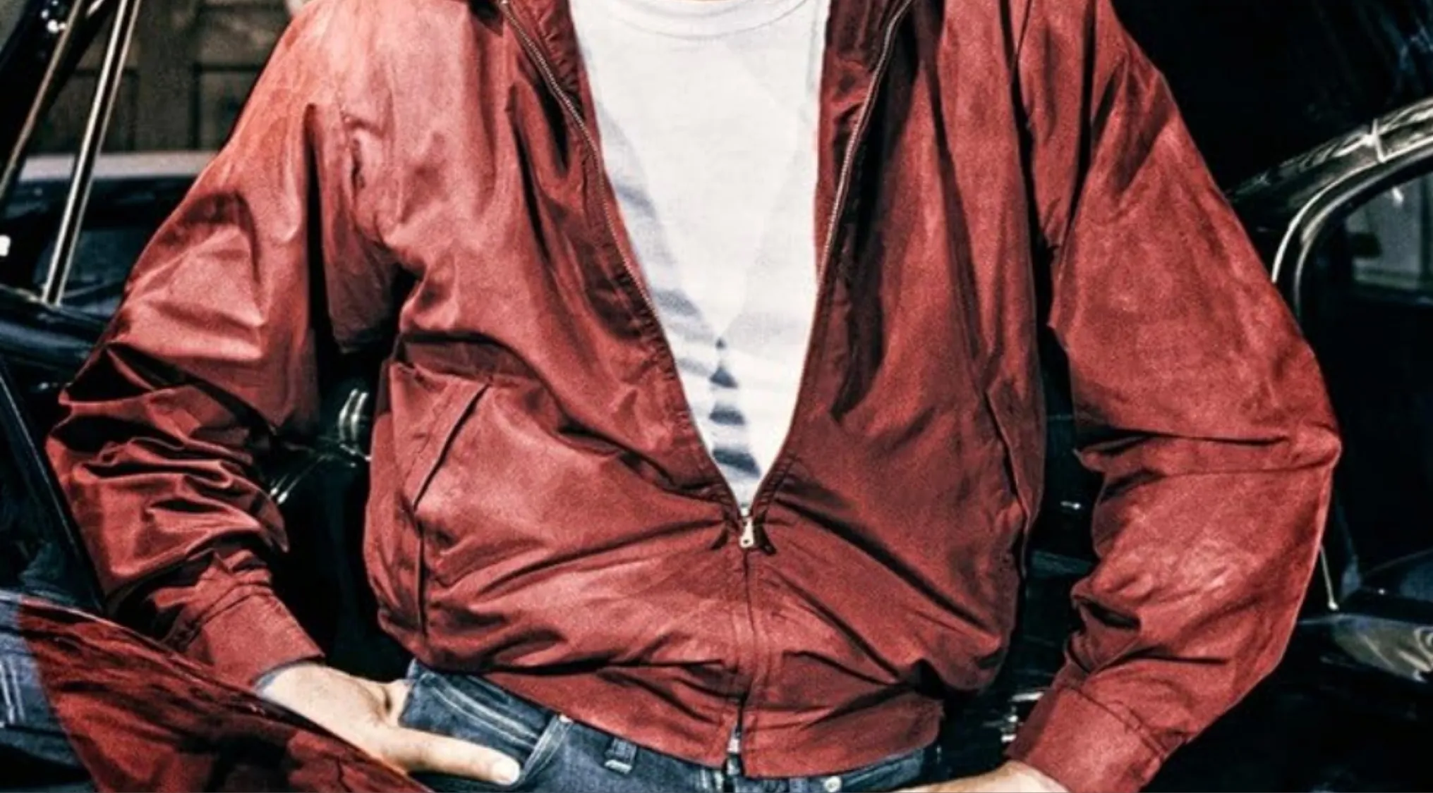 A person wearing an iconic outfit of a red jacket, white tee, and jeans. Match 20 iconic outfits with their movies.