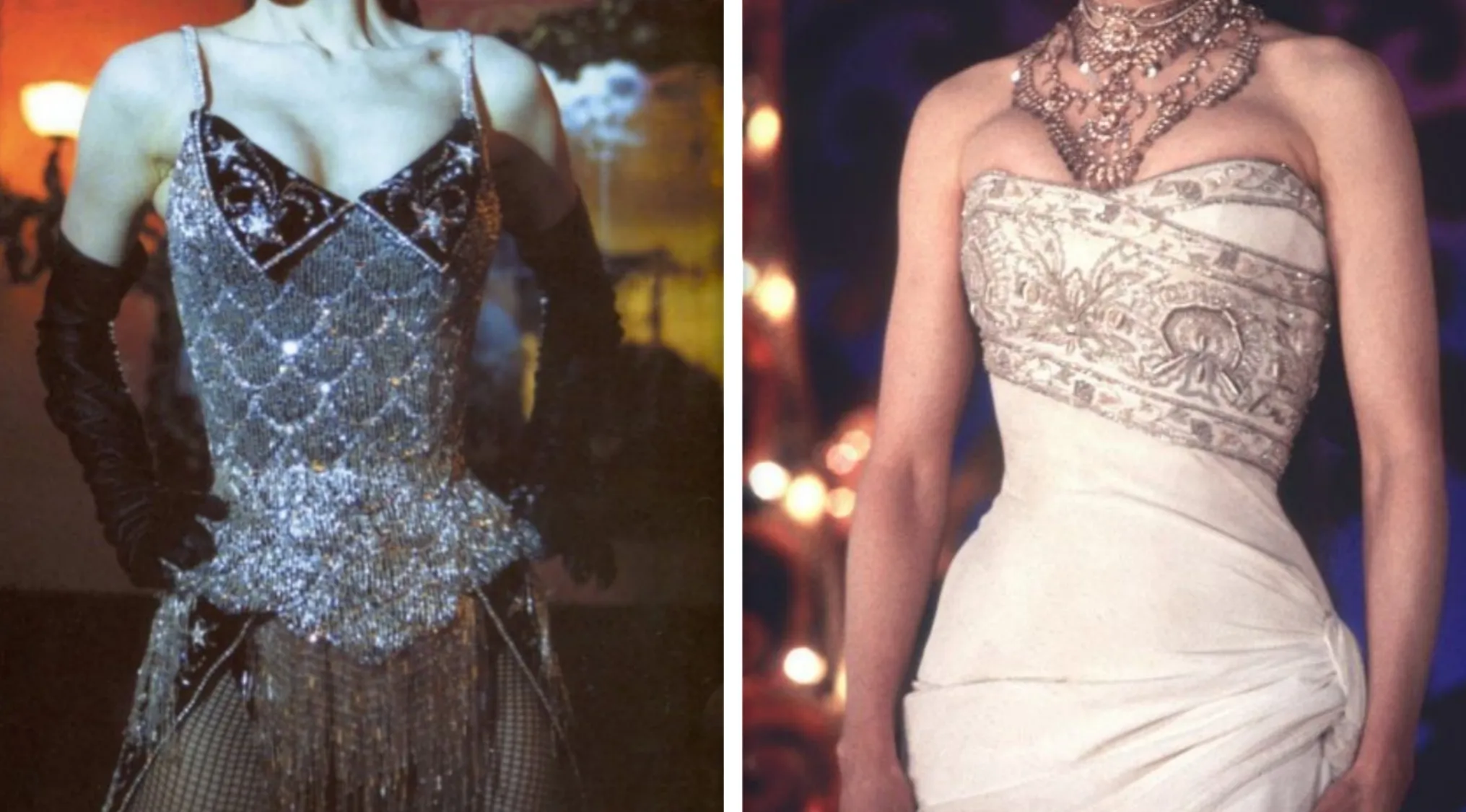 Two iconic outfits side-by-side: a sparkling silver corset with gloves and a white strapless gown with an elaborate necklace. Match these iconic outfits to their movies.
