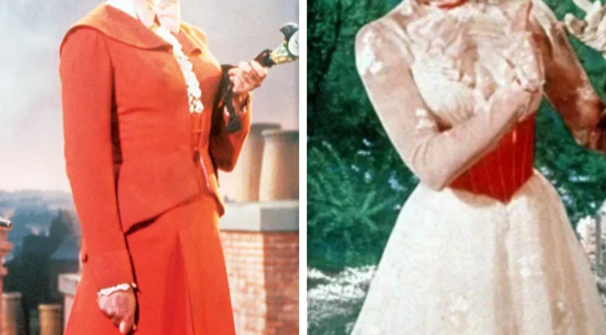 Two iconic outfits worn by Julie Andrews. The left is a red suit, the right is a white dress with a red corset.