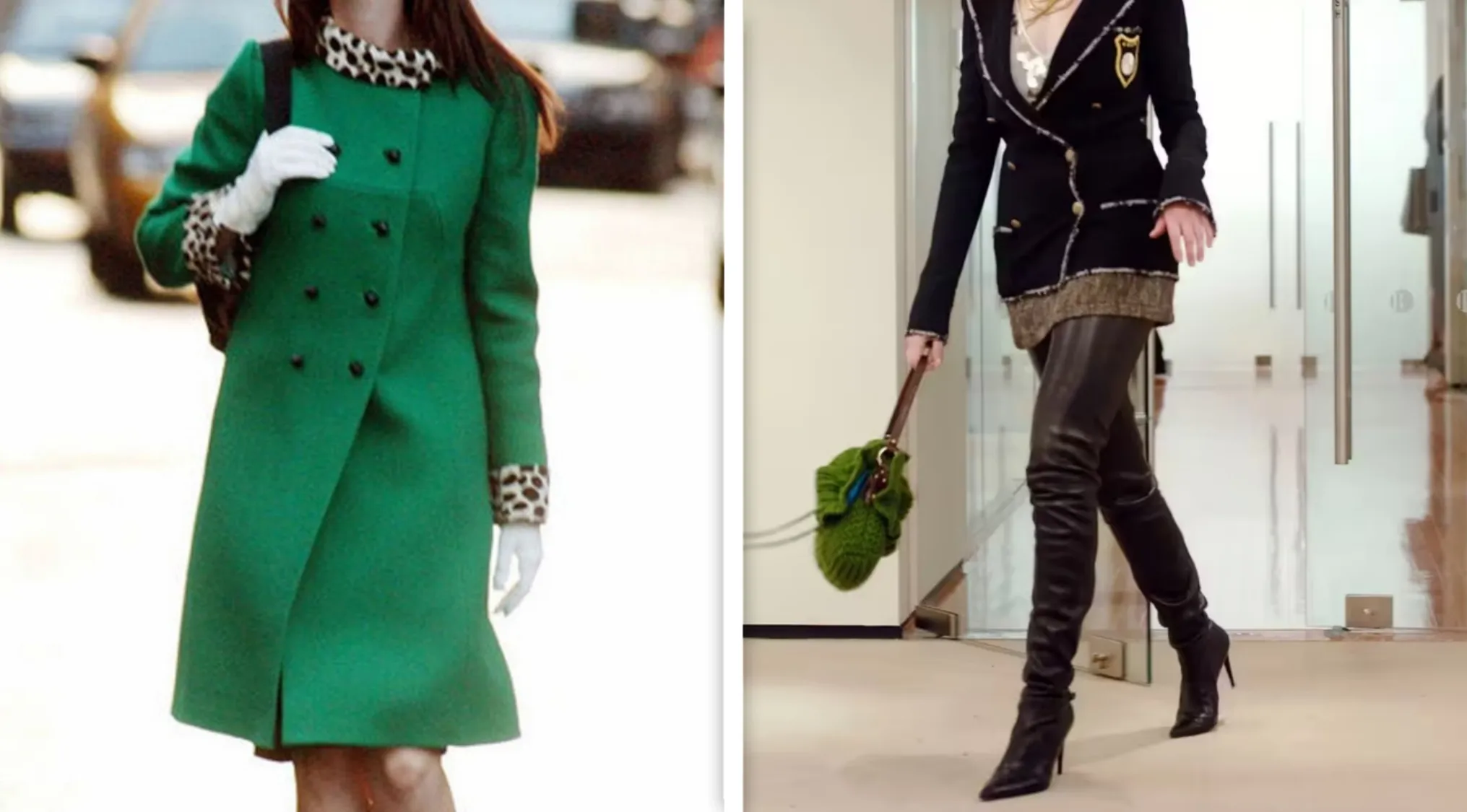 Two iconic outfits: a green coat with leopard trim and a black blazer with over-the-knee boots. Match iconic outfits with movies.