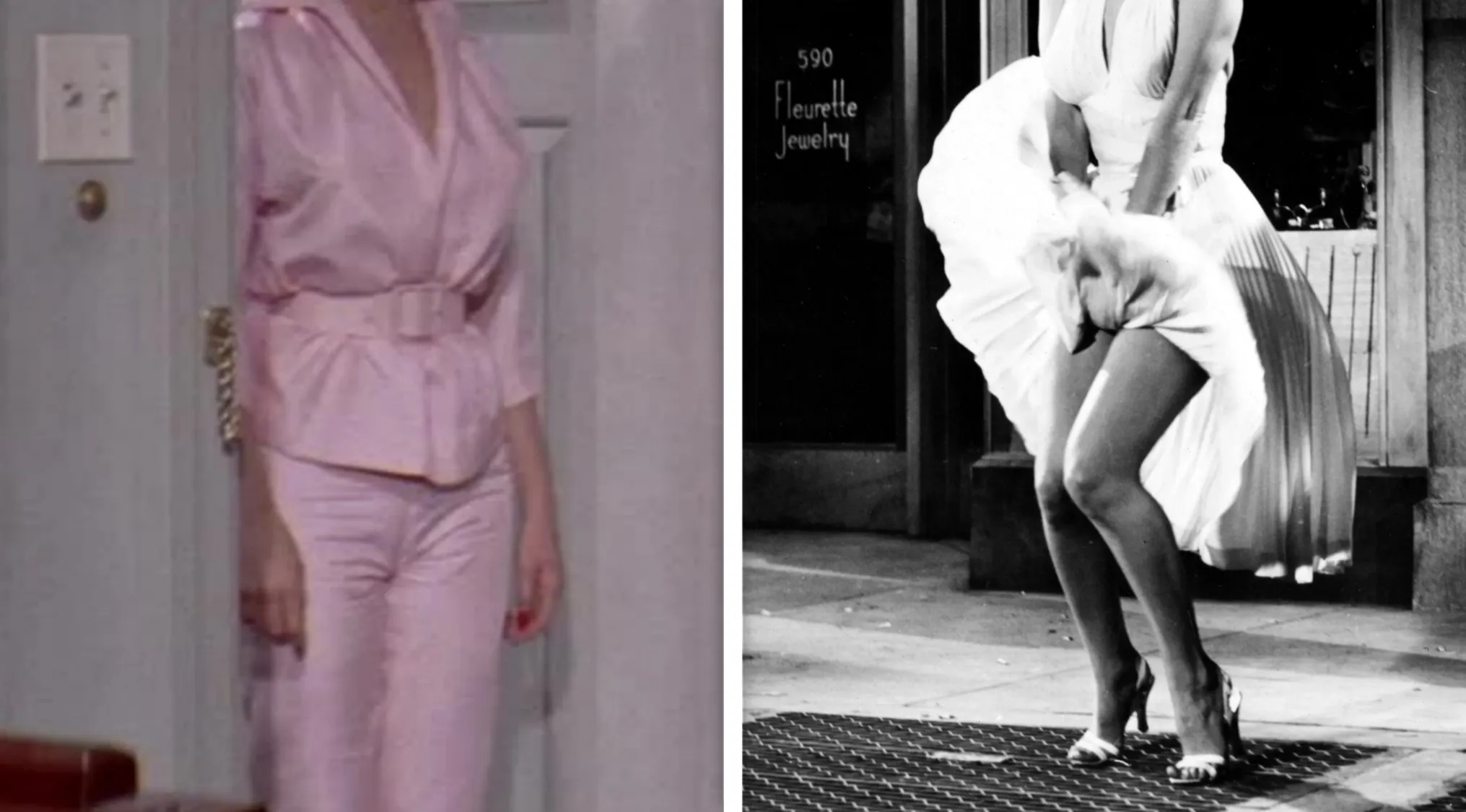 Marilyn Monroe in her iconic outfit from The Seven Year Itch, dress blowing up. On left, a woman in a pink suit.