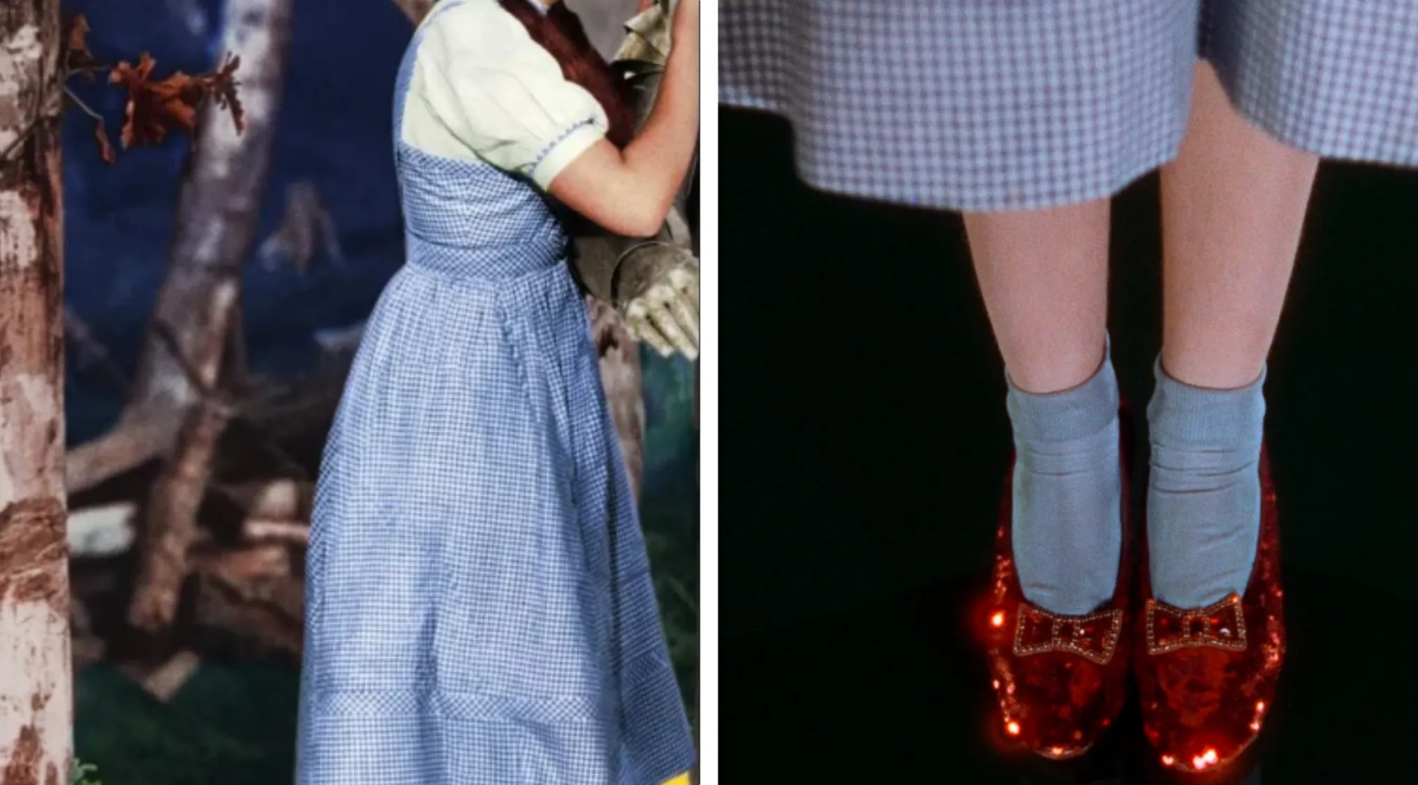 Iconic movie outfits: Dorothy's blue gingham dress and sparkling Ruby Slippers from The Wizard of Oz. Technicolor cinema landmark.
