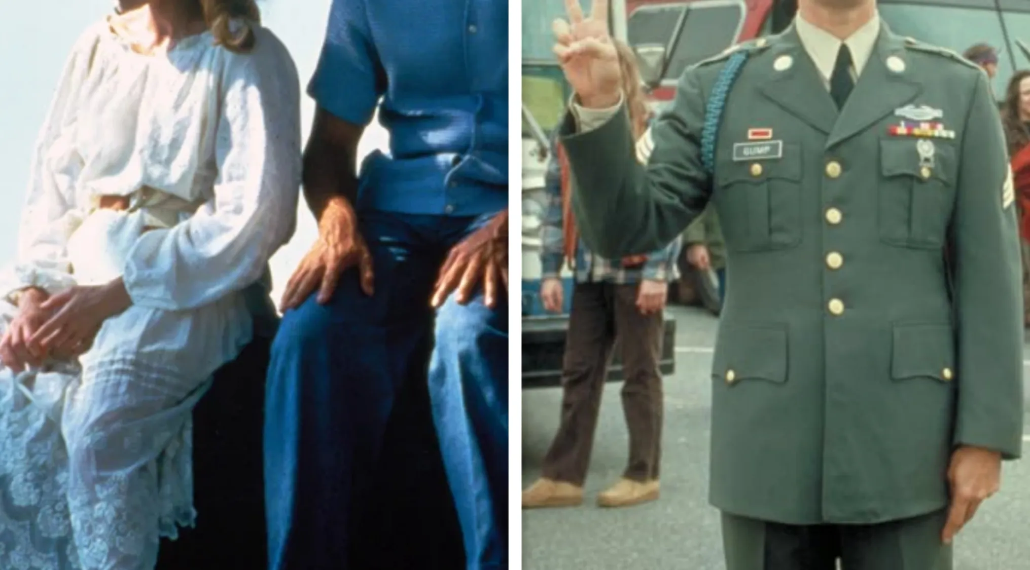 Iconic outfits: Forrest Gump in uniform and a couple in casual clothes. A 1990s movie with character variations.