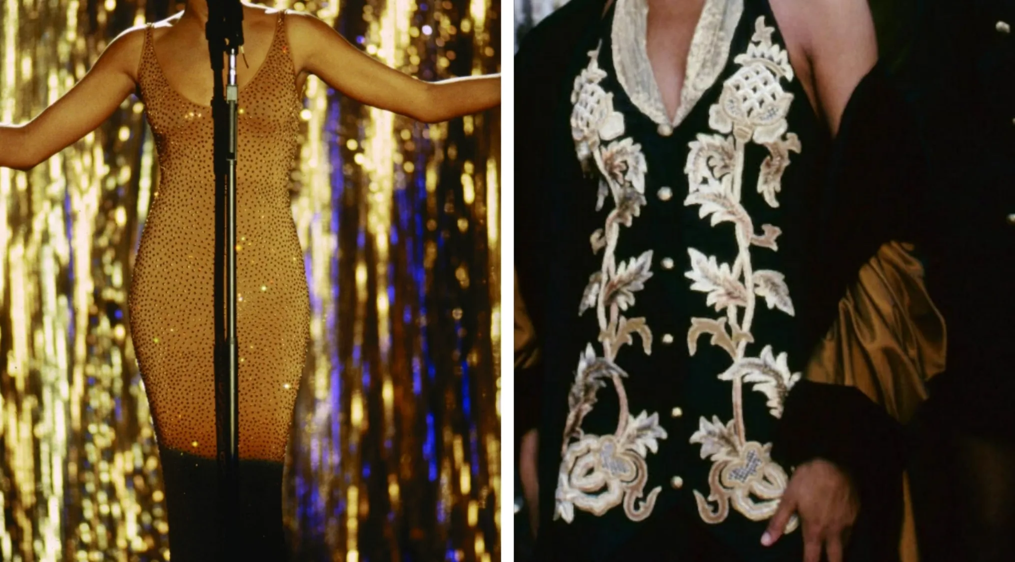 Two iconic outfits: a sparkling gold dress on a singer, and a black and gold embroidered top. Can you name the movie from the outfits?