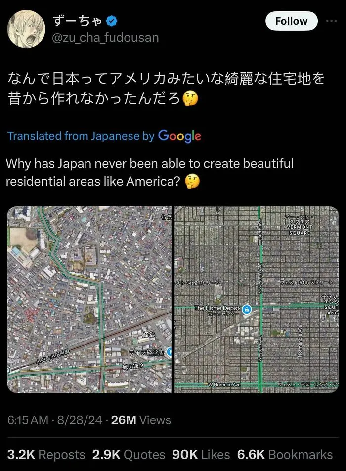 Urban hell tweet comparing Japan and America residential areas with map satellite views