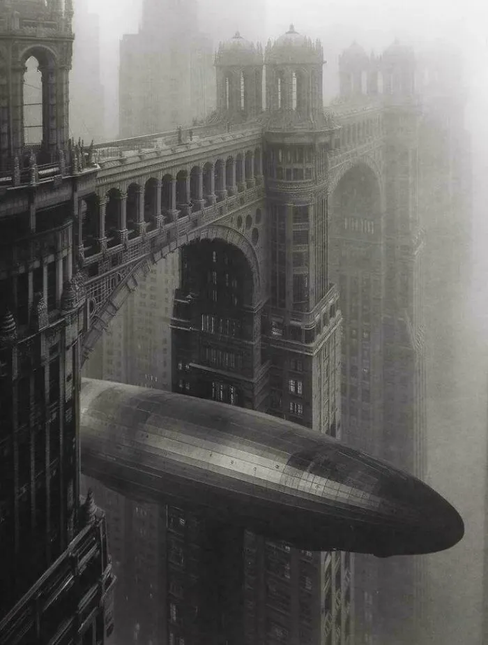 Urban hell gothic city with massive bridge and vintage airship in fog