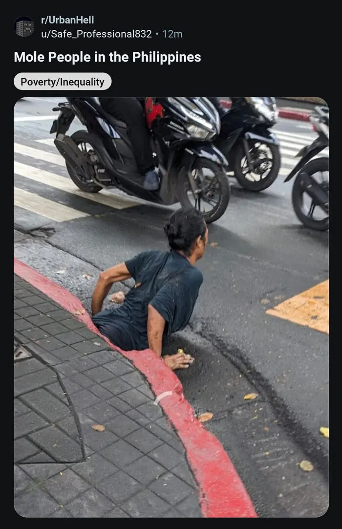 Man emerging from a street hole amid traffic highlighting urban hell poverty