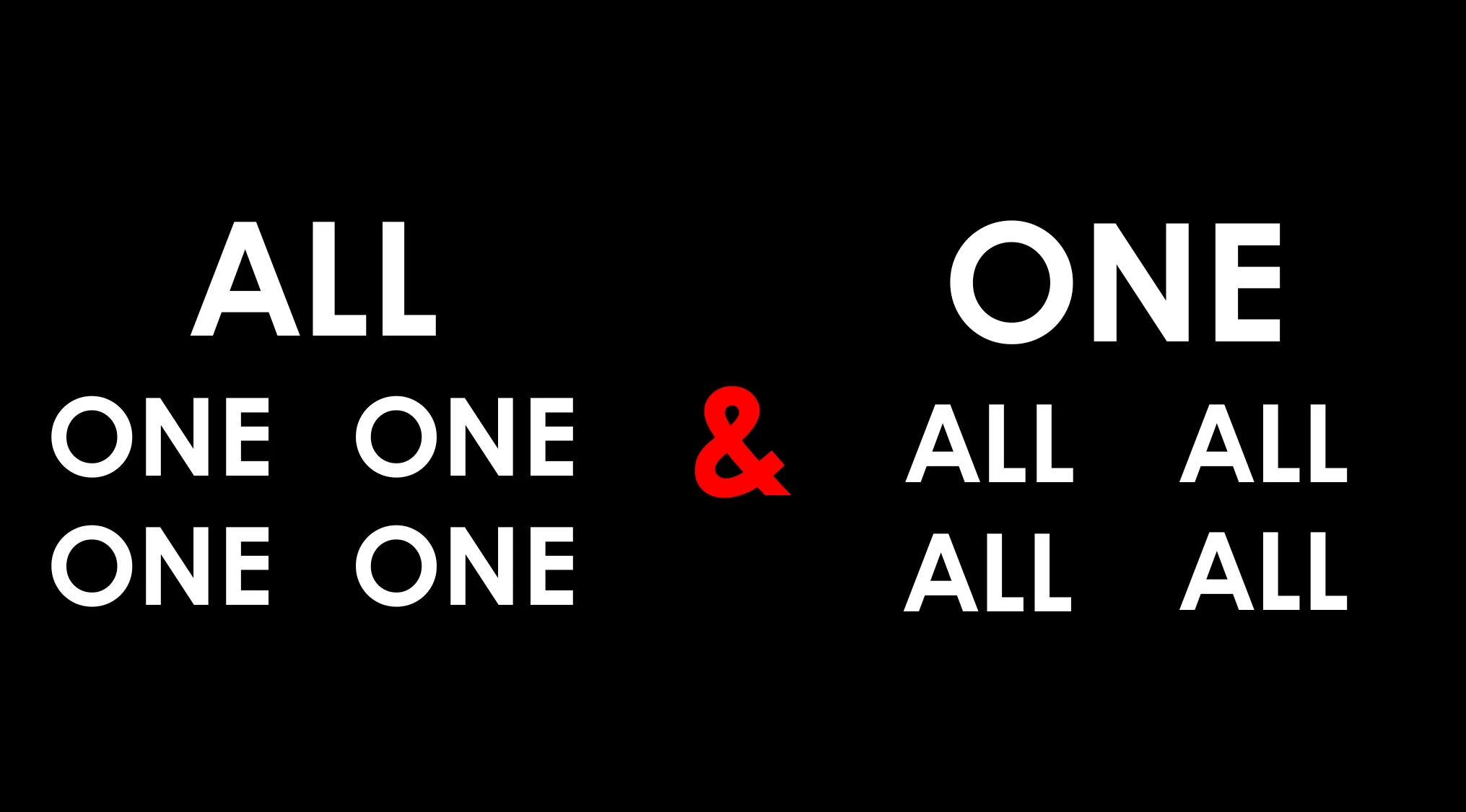 A rebus puzzle quiz showing words ALL and ONE arranged on a black background, spelling out a famous saying.