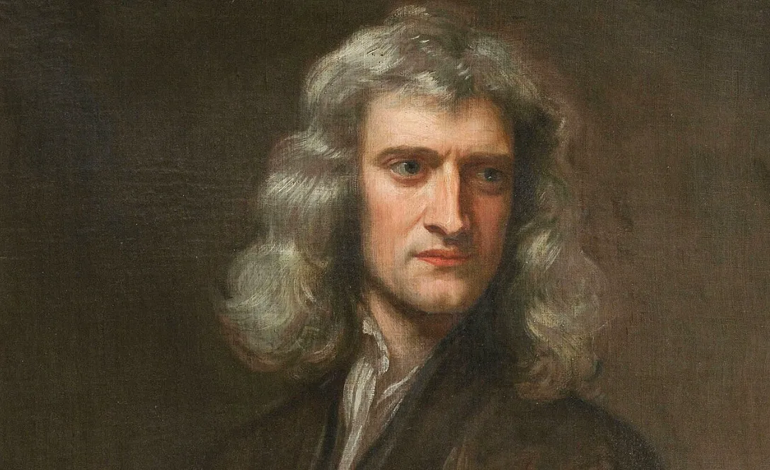 A portrait of Isaac Newton, a scientist with long, wavy gray hair, looking slightly to the right.