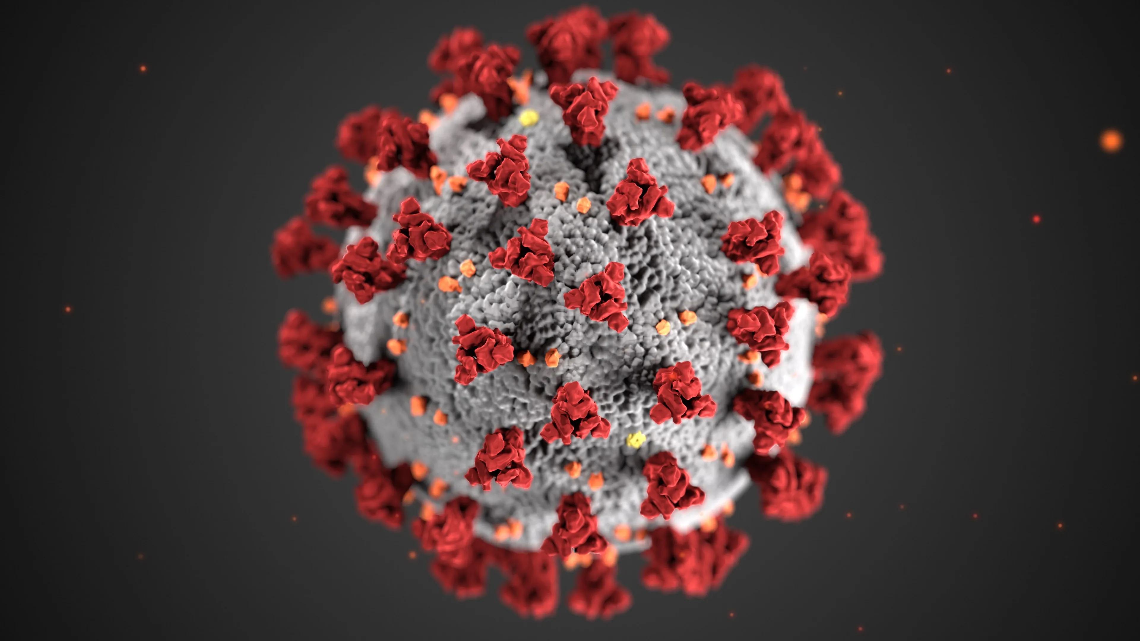 An illustration of a virus with a gray body and red spike proteins, appearing like coronavirus. Science general knowledge.