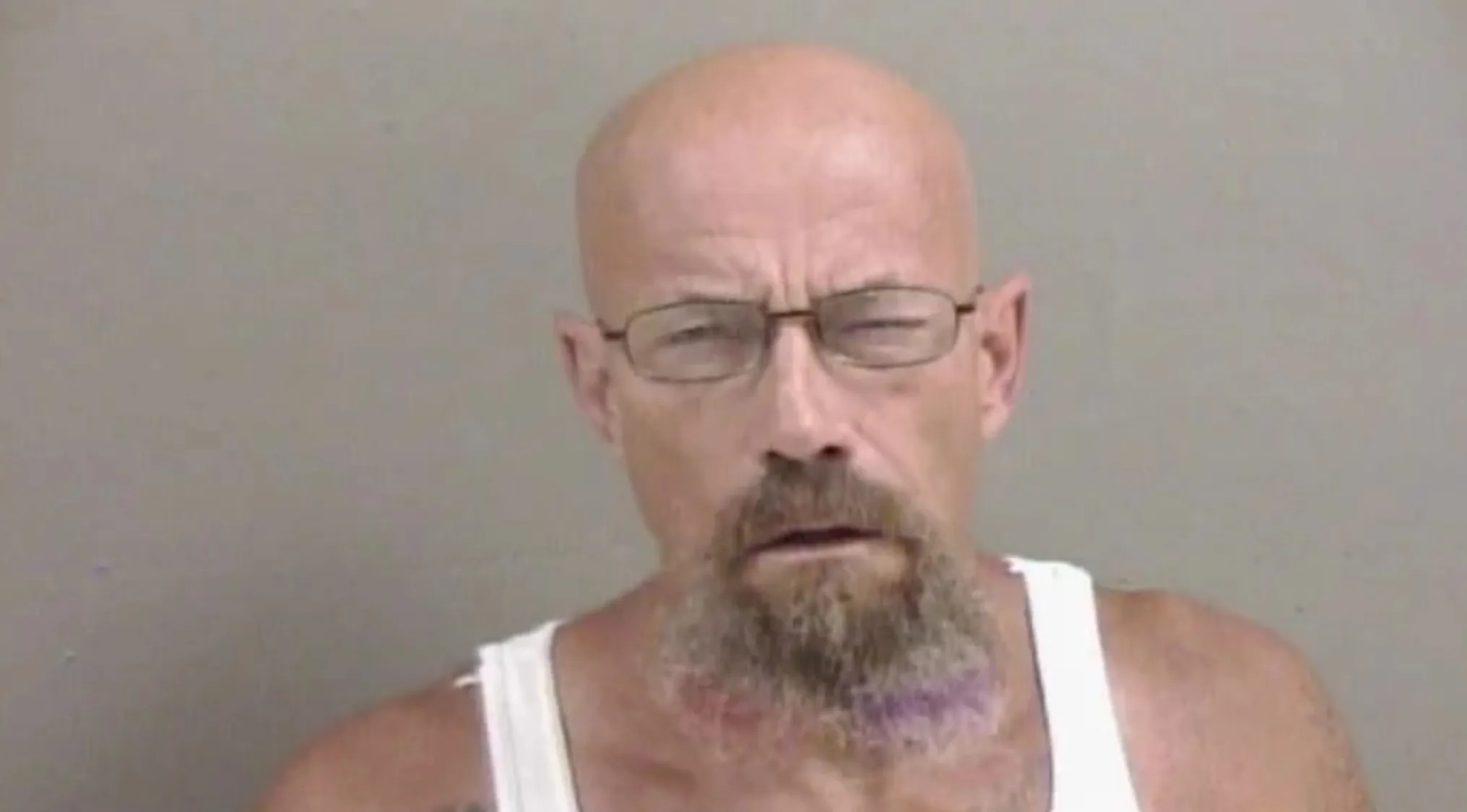 A bald man with glasses and a beard in a mugshot. Is this a celebrity doppelganger? Who does this person look like?