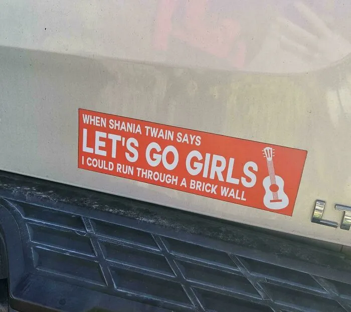 Wild bumper sticker: When Shania Twain says Lets Go Girls I could run through a brick wall.