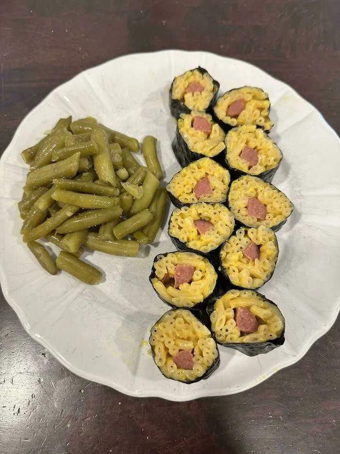 Sushi rolls filled with macaroni and cheese next to green beans representing questionable food combos.