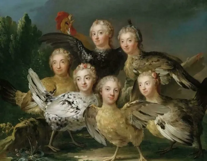 Painting of chickens with human heads, among strange historical finds.