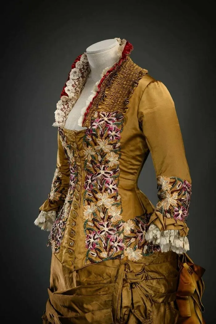 Yellow Ochre Moiré Silk Gown With Whalebone Bodice. 1881