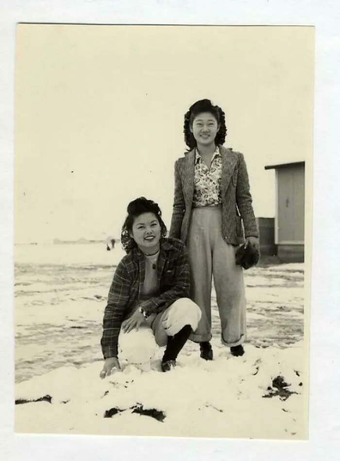 Two Japanese American Women Posing In The Snow 1940s