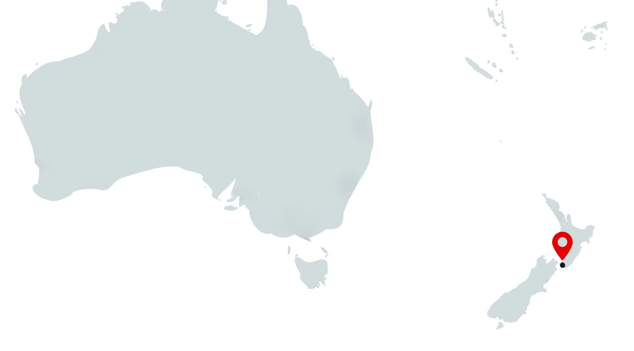 A borderless map showing Australia and New Zealand, with a red pin on Auckland, New Zealand. Guess the capital.