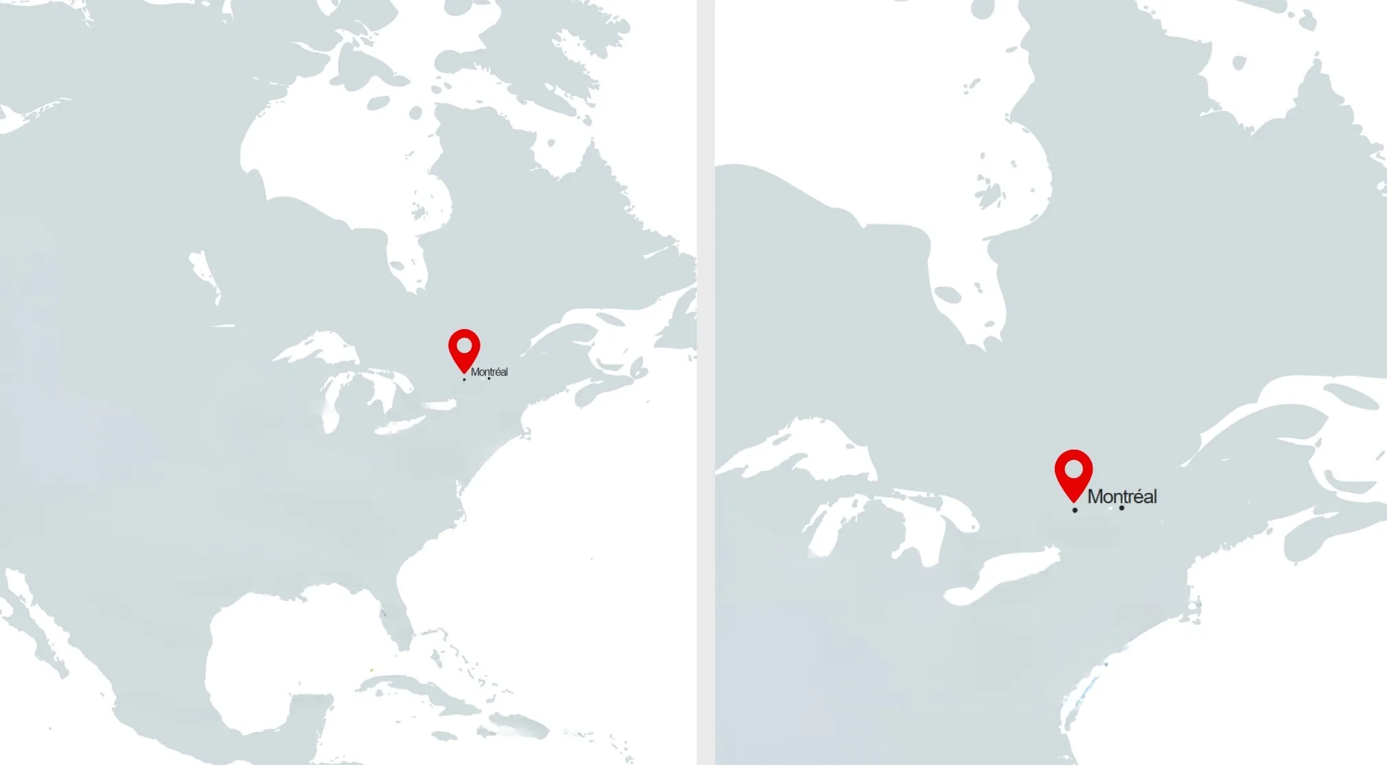 Two borderless maps of North America, each indicating Montreal and Toronto. Identify this capital, marked by a red pin.