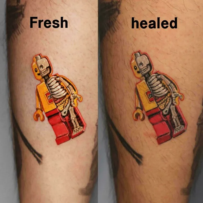 A side-by-side comparison of a fresh and healed LEGO skeleton tattoos on a leg. Stunning tattoo.