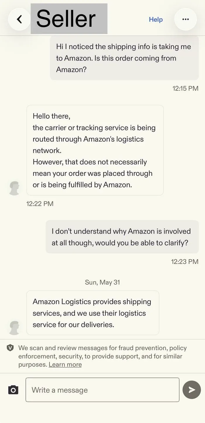 A screenshot of a conversation with a seller discussing Amazon's logistics network and consumerism.