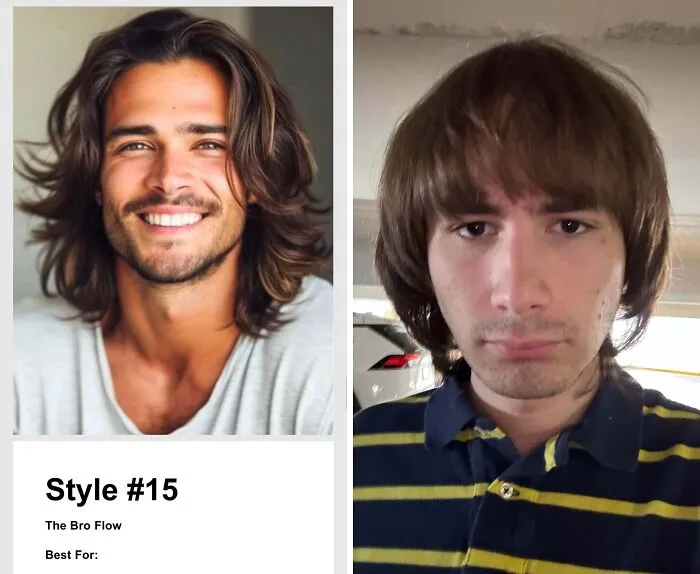 A side-by-side comparison showing a man with long, flowing hair and another man with a bowl cut, a hair salon disaster.